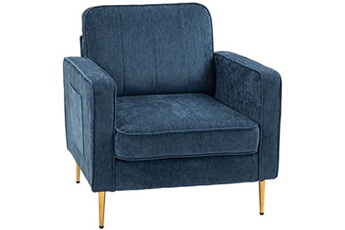 fauteuil de relaxation homcom fauteuil style art déco piètement métal doré tissu bleu