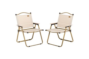lot de 2 chaises de plage camping pliantes - poignée - structure acier aspect bois oxford beige