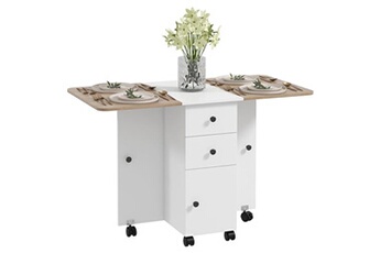 table de cuisine homcom table pliable de cuisine salle à manger - 2 tiroirs, placard, niche - panneaux aspect bois chêne blanc