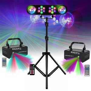 Pack éclairage DJ MOOVING LIGHT - 2 Projecteurs PAR, 2 Astros Rotatifs, Pied Réglable, Machine à Fumée 700W, Liquide Inclus