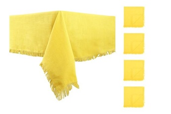 nappe de table vente-unique.com ensemble nappe + 4 serviettes de table à franges - coton - jaune - 140 x 240 cm - pola