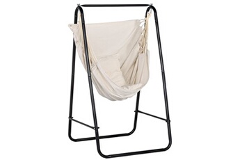 fauteuil suspendu outsunny chaise suspendue de jardin avec support et coussin acier noir coton beige