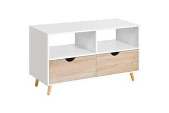 meuble tv bas sur pieds style scandinave 2 tiroirs coloris chêne clair blanc