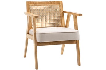 fauteuil de relaxation homcom fauteuil lounge avec coussin - dossier en cannage - assise profonde - accoudoirs - structure bois hévéa - aspect lin beige