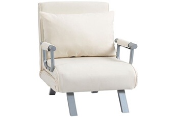fauteuil chauffeuse canapé-lit convertible 1 place déhoussable grand confort coussin pieds accoudoirs métal suède crème