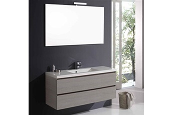 meuble de salle de bain suspendu 120cm gris, 2 tiroirs, lavabo en résine, miroir avec lampe manhattan