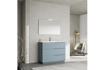 meuble de salle de bain sur pied 100cm bleu ciel, miroir 100x60 avec lampe new york