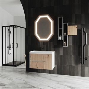 Meuble Salle De Bain Suspendu 80 Cm Blanc Avec Façade Cannée Chêne - 2 Tiroirs - Lavabo Céramique Inclus