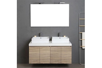 meuble de salle de bain suspendu 4 portes chêne naturel, plateau blanc, 2 lavabos décoratifs et miroir avec lampe valentina