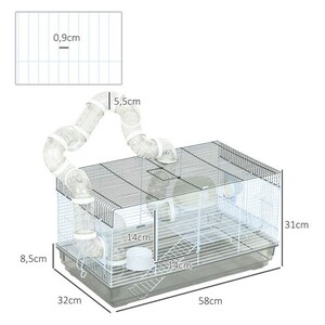 Cage Hamster PawHut Avec Tunnel, Roue, Accessoires - 58x32x31 Cm, Gris, Pour Hamster Nain