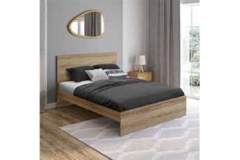 lit double avec tête de lit et sommier omaha 140x190 cm effet hêtre