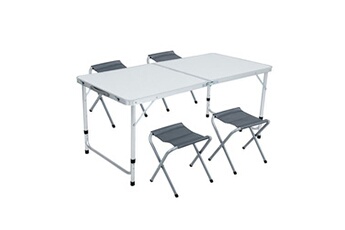 ensemble table et chaises de jardin akord table de camping blanche avec 4 chaises pliantes grises, dimensions : l120 x p60 x h70 cm