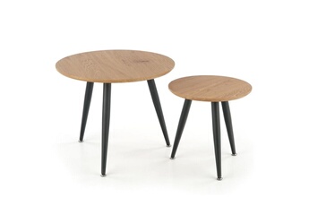 ensemble de deux tables gigognes rondes aspect chêne doré avec pieds en métal noir sirona