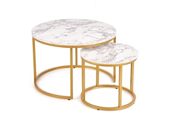 tables gigognes rondes avec plateau style marbre et structure en métal doré troie