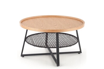 table basse ronde 80cm plateau aspect chêne naturel et étagère en rotin synthétique noir wodan