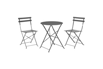 set table + 2 chaises de jardin pliable en métal gris