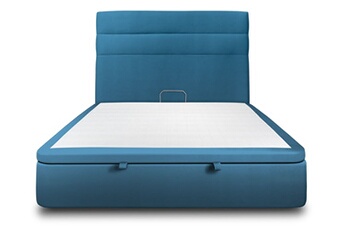 lit coffre 140x190cm avec tête de lit lignes velours bleu - hauteur totale : 39cm