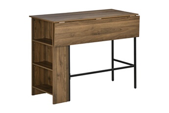table haute homcom table de bar extensible design industriel - 3 étagères intégrées - châssis métal noir aspect bois de noyer