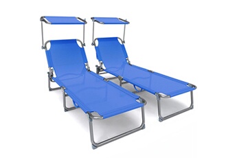 chaise longue - transat vounot transat pare soleil textilene et range magazine lot de 2 pcs bleu