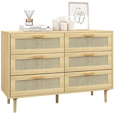 Commode 6 tiroirs style bohème chic - dim. 110L x 40l x 75H cm - cannage rotin aspect bois clair