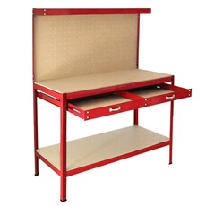 Etabli de Travail Rouge Banc Plan de Travail Tiroir 2 Niveaux Etagère Rangement