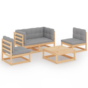 Salon De Jardin 3 Pièces VidaXL Bois Pin Massif + Coussins Crème – Canapé 2 Places, Table/Pouf