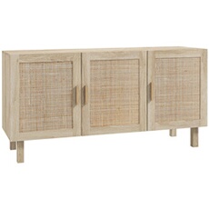 Buffet 3 portes style bohème chic cannage en rotin panneaux aspect bois clair