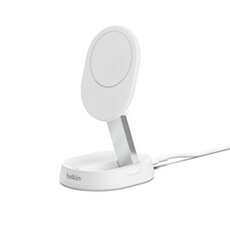 Support de recharge sans fil, magnetique et pliable, compatible Qi2, adaptateur secteur et cable de 1,5m inclus, 15W, blanc