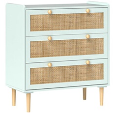 Commode 3 tiroirs style bohème chic cannage en rotin piètement effet bois vert de gris