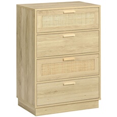 Commode 4 tiroirs style bohème chic 2 façades cannage rotin effet bois clair naturel