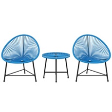 Salon de jardin 3 pcs 2 places design Acapulco plateau verre trempé acier noir résine filaire bleu
