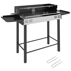 Barbecue charbon tourne broche grille - 2 tablettes latérales rabattables - acier inox noir