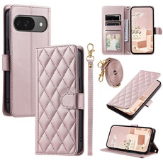 Coque pour FOXDOCK Google Pixel 9 Protection magnétique Souple en cuir PU Flip Slim Cover avec longue sangle Compatible avec Google Pixel 9-Rose