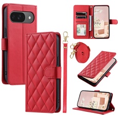 Coque pour FOXDOCK Google Pixel 9 Protection magnétique Souple en cuir PU Flip Slim Cover avec longue sangle Compatible avec Google Pixel 9-Rouge