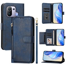 Etui à bascule pour Xiaomi 11 Pro Protection Soft PU Le cuir à glissière Portefeuille Couverture de téléphone compatible avec Xiaomi 11 Pro-Bleu