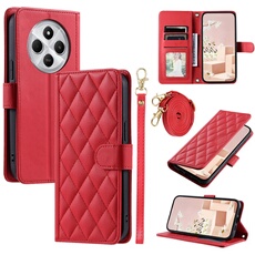 Coque pour Xiaomi Redmi 14C Protection magnétique Souple en cuir PU Flip Slim Cover avec longue sangle Compatible avec Xiaomi Redmi 14C-Rouge