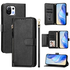 Etui à bascule pour Xiaomi 11 Lite Protection Soft PU Le cuir à glissière Portefeuille Couverture de téléphone compatible avec Xiaomi 11 Lite-Noir