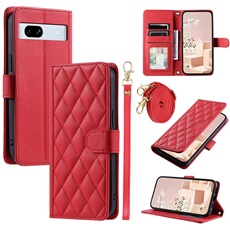Coque pour FOXDOCK Google Pixel 7A Protection magnétique Souple en cuir PU Flip Slim Cover avec longue sangle Compatible avec Google Pixel 7A-Rouge