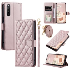 Coque pour FOXDOCK Sony Xperia 10 V Protection magnétique Souple en cuir PU Flip Slim Cover avec longue sangle Compatible avec Sony Xperia 10 V-Rose