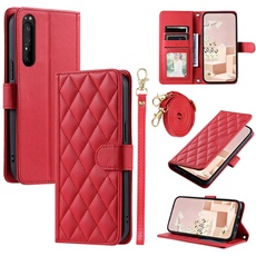 Coque pour FOXDOCK Sony Xperia 1 IV Protection magnétique Souple en cuir PU Flip Slim Cover avec longue sangle Compatible avec Sony Xperia 1 IV-Rouge