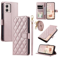 Coque pour Motorola Moto G73 Protection magnétique Souple en cuir PU Flip Slim Cover avec longue sangle Compatible avec Motorola Moto G73-Rose