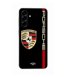 Coque Pour Samsung Galaxy A36 PORSCHE logo rouge et dorée fond noir
