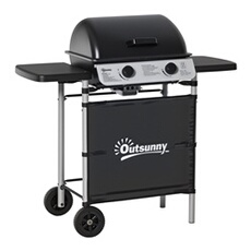 Barbecue gaz 2 brûleurs 2,8kW avec couvercle - grille, récupérateur graisse, 2 tablettes latérales, 2 roues - gris noir
