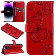 Coque pour iPhone 14 Pro Max Papillon de Protection Etui à Rabat en Cuir PU avec Porte-cartes Magnétique Compatible avec iPhone 14 Pro Max Rouge