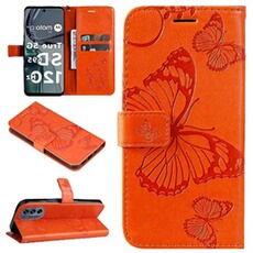 Coque pour Motorola G62 Papillon de Protection Etui à Rabat en Cuir PU avec Porte-cartes Magnétique Compatible avec Motorola G62 Orange