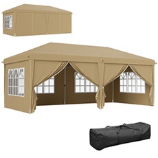 Tonnelle barnum pliant pop-up imperméabilisé 5,85L x 2,95l x 2,7H m 6 parois latérales amovibles 4 fenêtres + sac de transport kaki