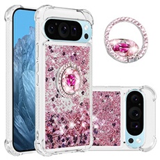 Etui pour FOXDOCK Google Pixel 9/Pixel 9 PRO 5G Bling Flowing Liquid Floating Sparkle Glitter Bumper avec Rotation Ring Kickstand compatible avec