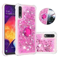 Etui pour FOXDOCK Samsung Galaxy A30/A50/A50S Bling Flowing Liquid Floating Sparkle Glitter Bumper avec Rotation Ring Kickstand compatible avec