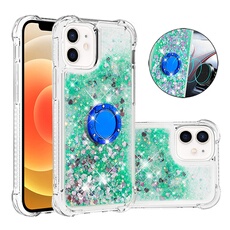 Etui pour FOXDOCK iPhone 12 Bling Flowing Liquid Floating Sparkle Glitter Bumper avec Rotation Ring Kickstand compatible avec iPhone 12 Case-Vert