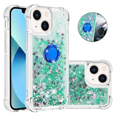 Etui pour iPhone 14 Plus Bling Flowing Liquid Floating Sparkle Glitter Bumper avec Rotation Ring Kickstand compatible avec iPhone 14 Plus Case-Vert